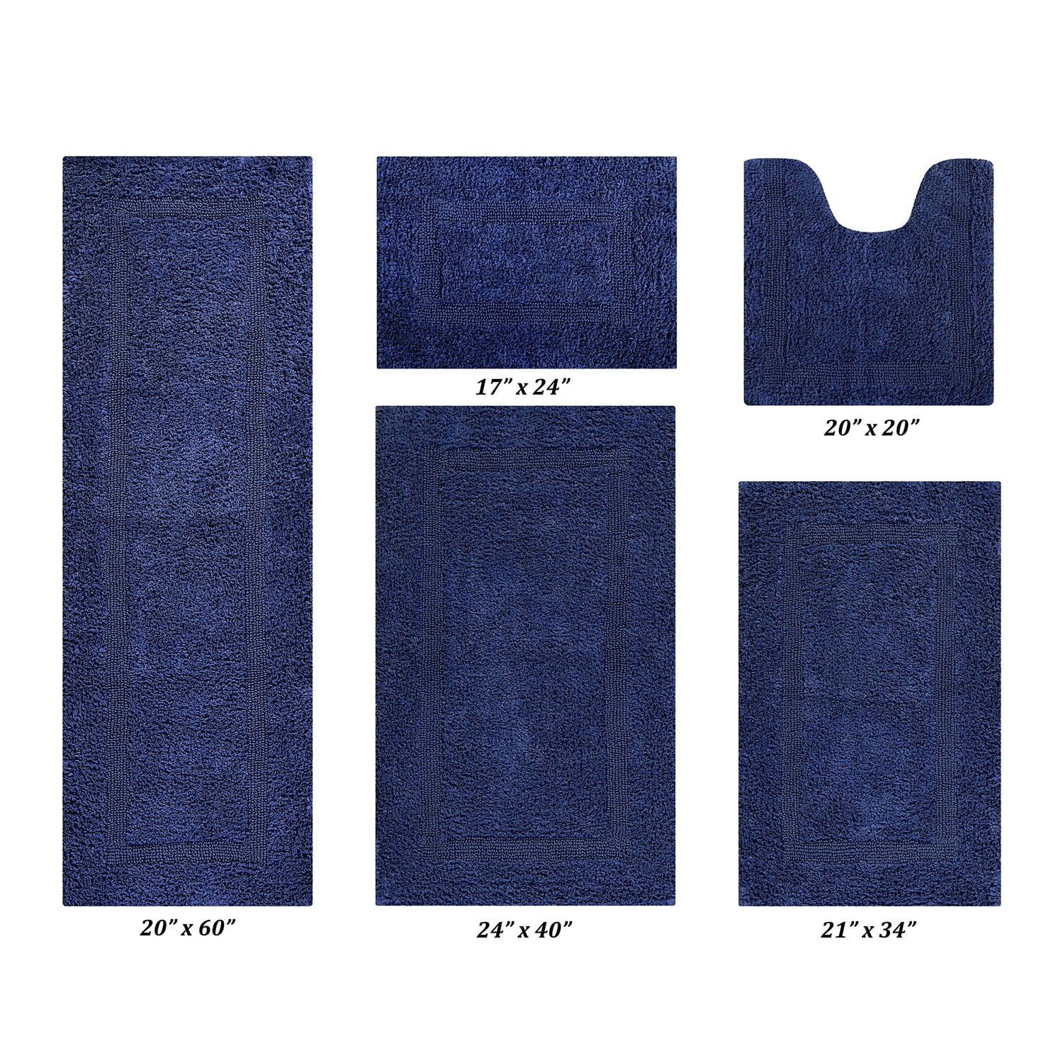 Better Trends Premium 5 Piece Bathroom Rug Set 100% Cotton, Extra Soft Tufted Bath Mat, Water Absorbent & Reversible Mat, Navy Lux Collection