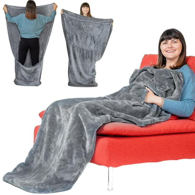Manta con bolsillo para los pies EzRallora, forro polar ligero, plateado y gris