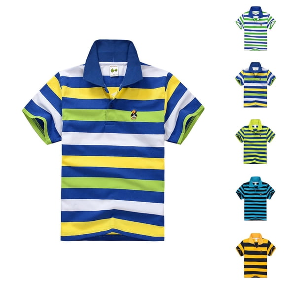 Boys Girls Striped Polo Shirt Short Sleeve School Uniform Shirt Button Closure Collared Top Soft Casual Shirt for Kids School Activities
