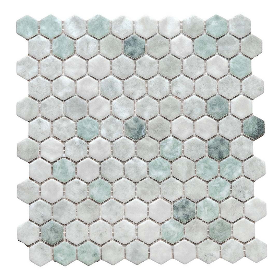 The Tile Life Eterna Hex 1" x 1" Hexagon Shabby Green Glass Mosaic Floor and Wall Tile 1 Sheet