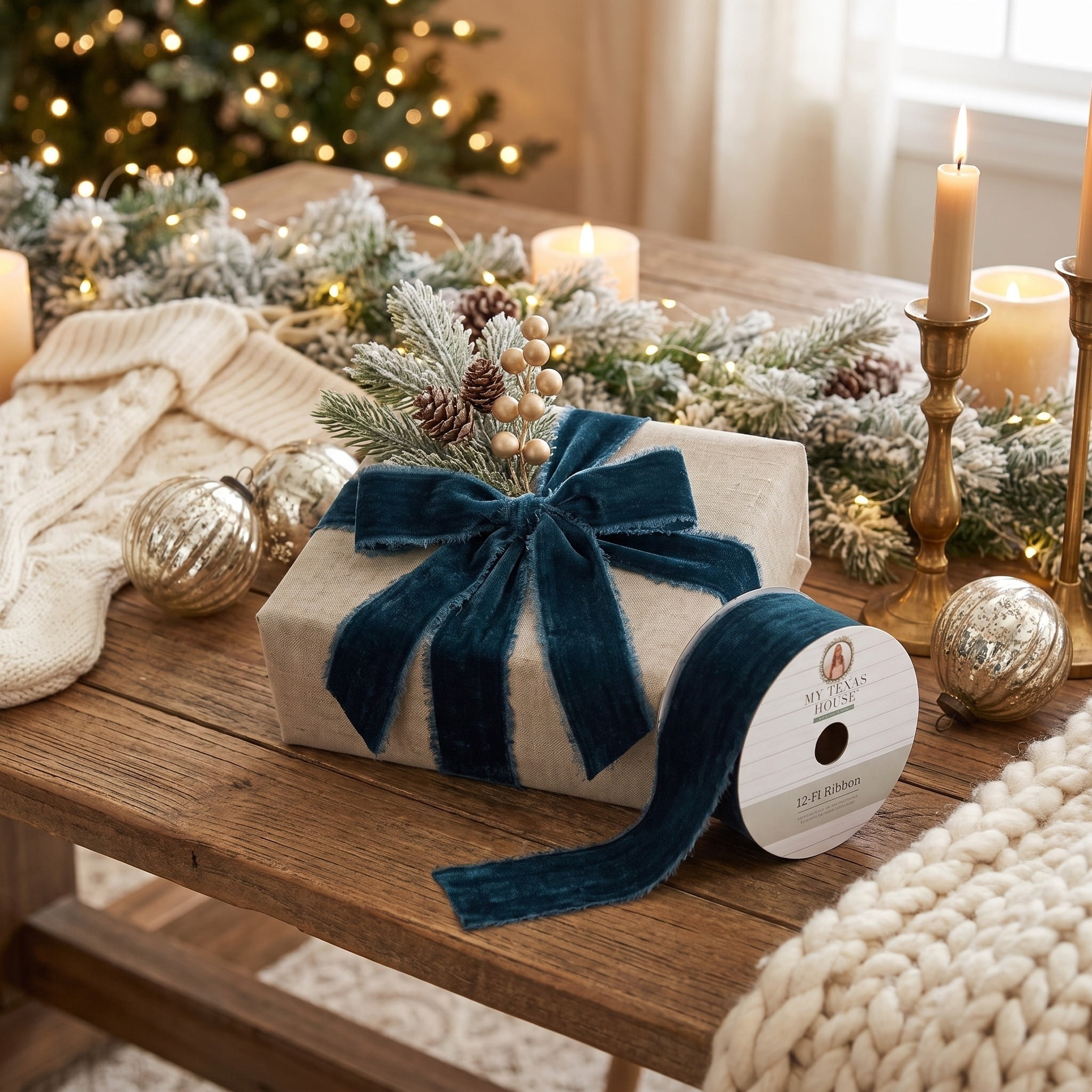 My Texas House Blue Velvet Christmas Ribbon, 2.5" x 12'