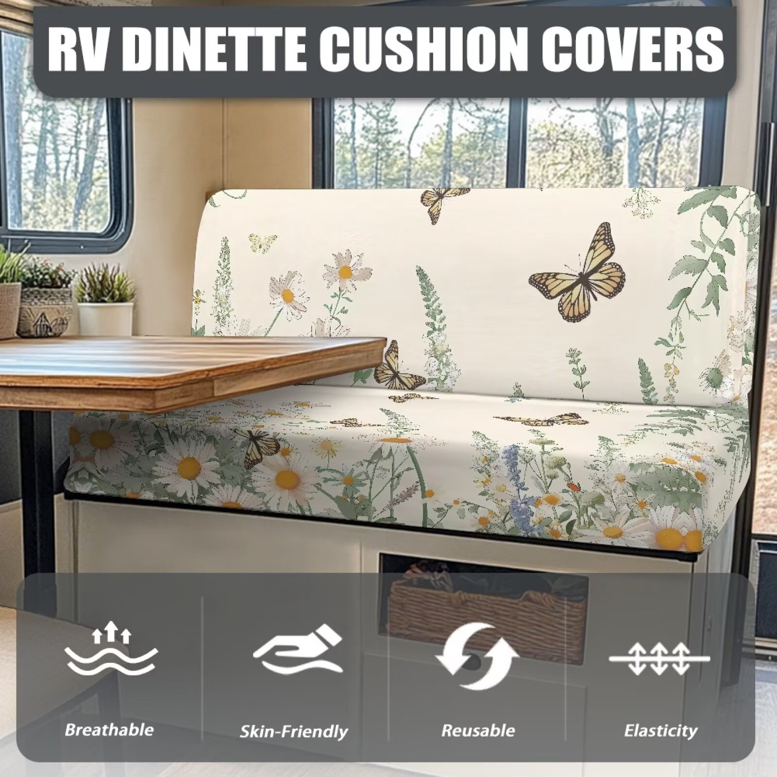 XYZCANDO Beautiful Butterfly Flower RV Dinette Cushions Leafy Daisy Pattern Universal RV Accessories Comfortable Couch Cushion Covers Loveseat Sofa Chair Cover Furniture Protector Stretchable