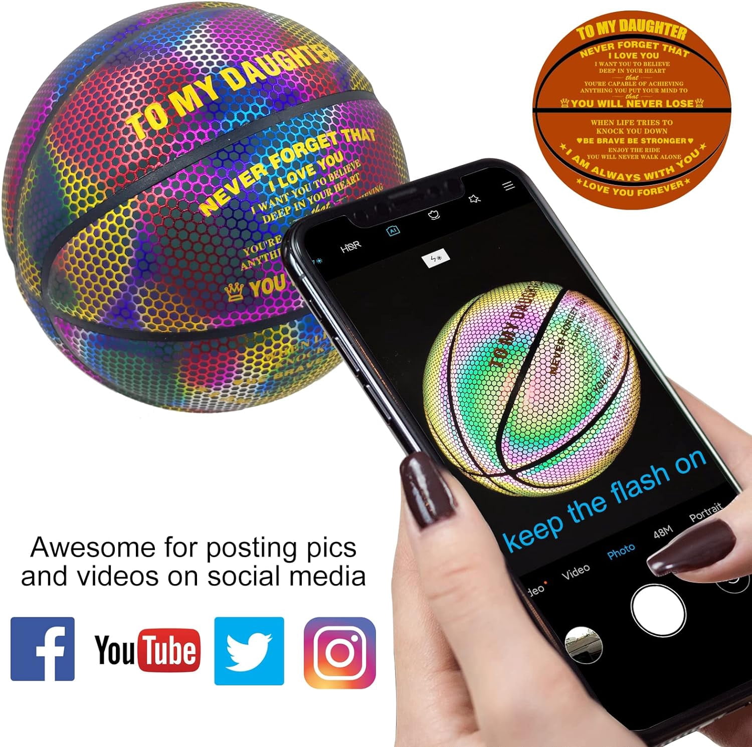 Basketball, Holographic Basketball Size 5 (27.5") & Size 6 (28.5") & Size 7 (29.5") for Kids & Adults, Reflective Glowing Leather Basketball, Indoor Outdoor Basketball Gifts for Boys Girls