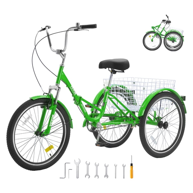 VEVOR Triciclo plegable para adultos, triciclo plegable para adultos de 24 pulgadas, bicicleta de crucero de 3 ruedas de acero al carbono con canasta grande y asiento ajustable