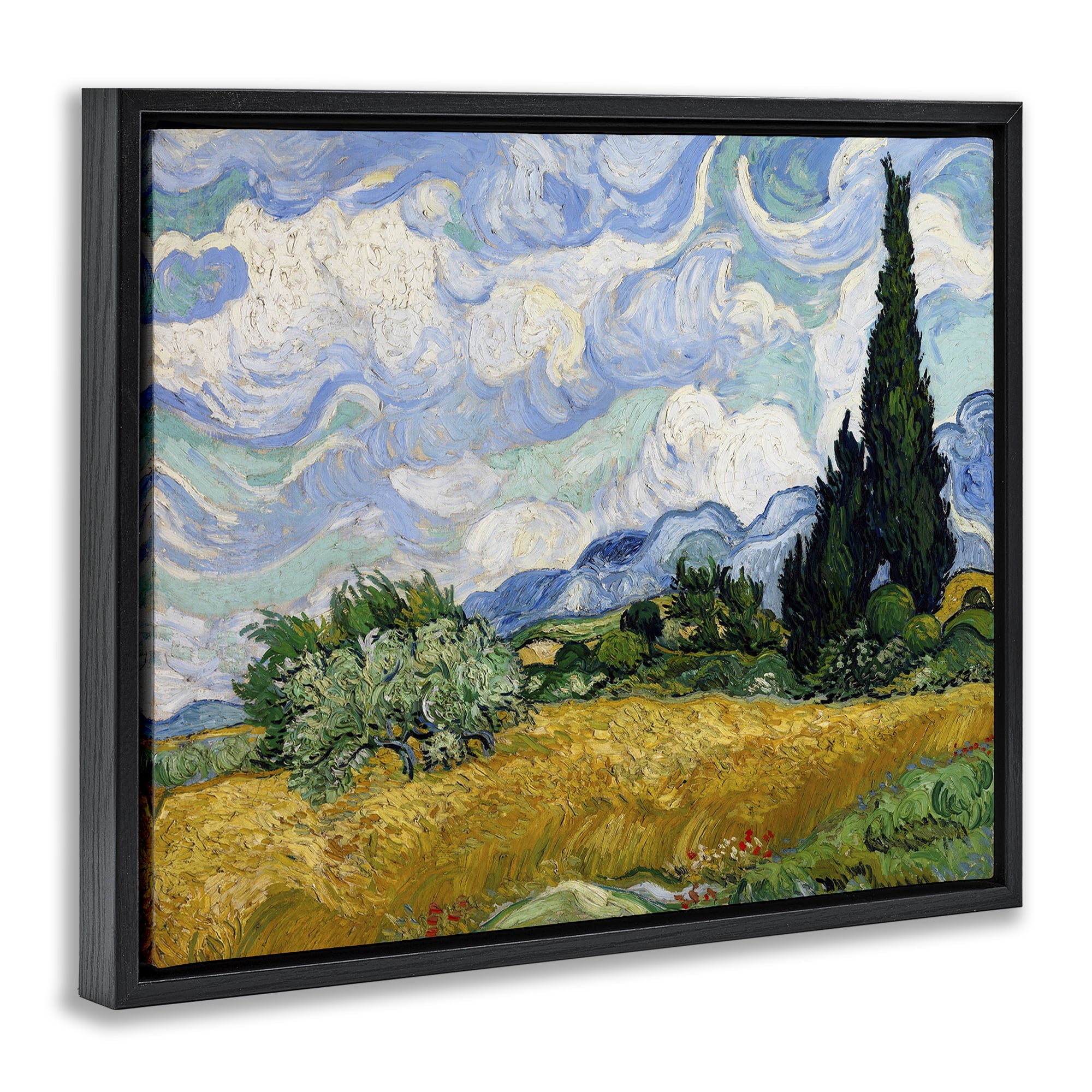 Stupell Industries Classical Wheat Field with Cypresses Landscape & Nature Painting Black Floater Framed Canvas Art Print Wall Art, 21 x 17
