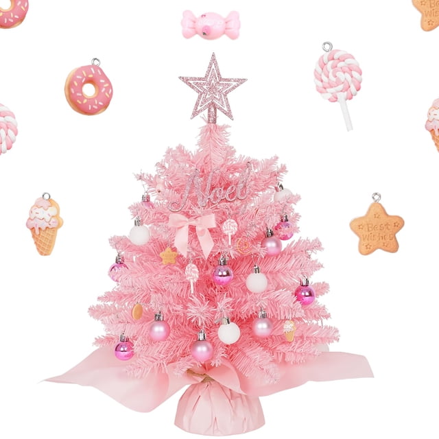 Árbol de Navidad SY CRAFT mini rosa con luces y adornos
