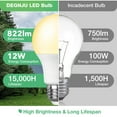 thumbnail image 3 of Behome 8 Pack A19 LED Light Bulbs, Energy Efficient 12W(100 Watt Equivalent), E26 Base, 3000K Daylight & 822 Lumens, Non-Dimmable(Warm White), 3 of 7