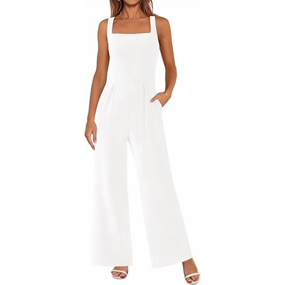 PRETTYGARDEN Summer Sleeveless Jumpsuits for Women Dressy Square Neck Wide Leg Pants Knitted One Piece Rompers with Pockets