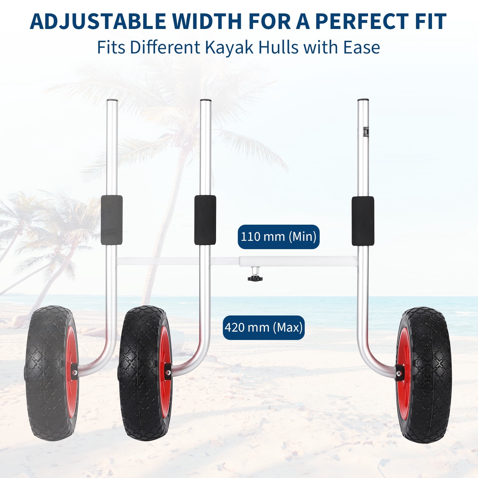 Adjustable Kayak Trolley for Beach, 220 lbs Load, 10" Solid PU Tires, Foam Pads Included