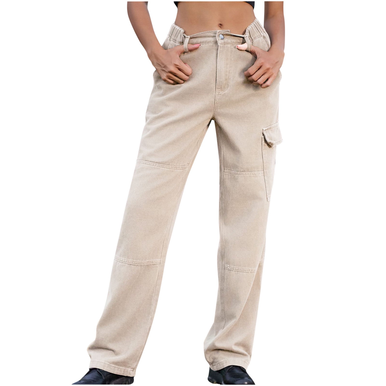 Cargo pants for women with pockets clearance Fashion Women's Spring/Summer  Pocket Button Mid Waist Tight Pants Work pants Khaki XL 