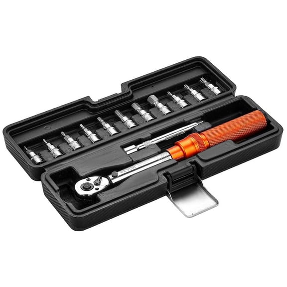 Click Torque Wrench Set 1/4 Inch Drive 20-200 Inch Pounds 2.3-22.6 Newton Meters 72-Tooth Dual Scale Orange Handle
