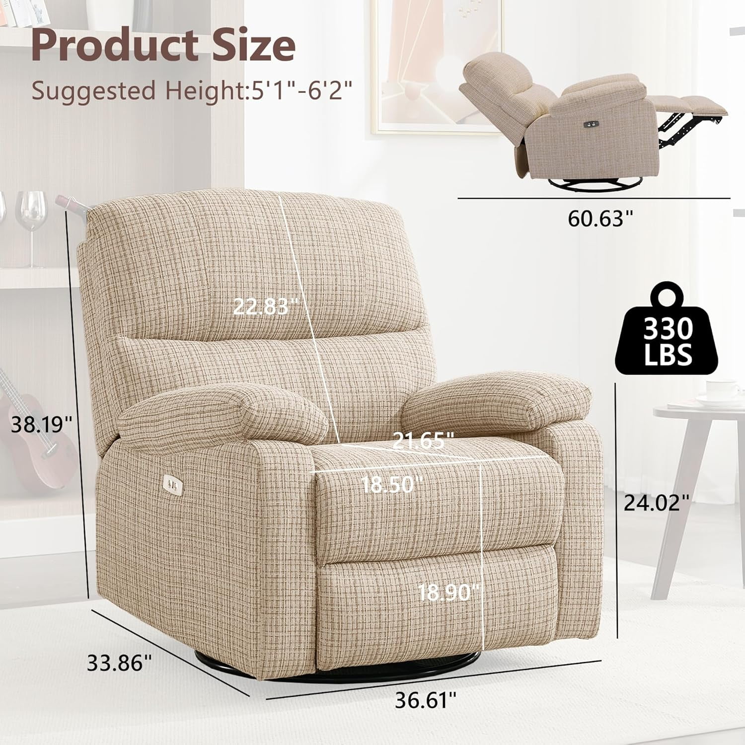 Chizzysit Power Swivel Rocker Recliner, Rocking Chair Nursery Glider, Electric Reclining Chair for Adults with USB Port, Infinite Position, Single Sofa Chair for Living Room - Beige