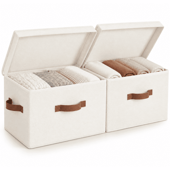 StorageWorks Fabric Storage Bins with Lid, Stackable Closet Organizer Basket with Handles, Large, 2-Pack, Ivory White