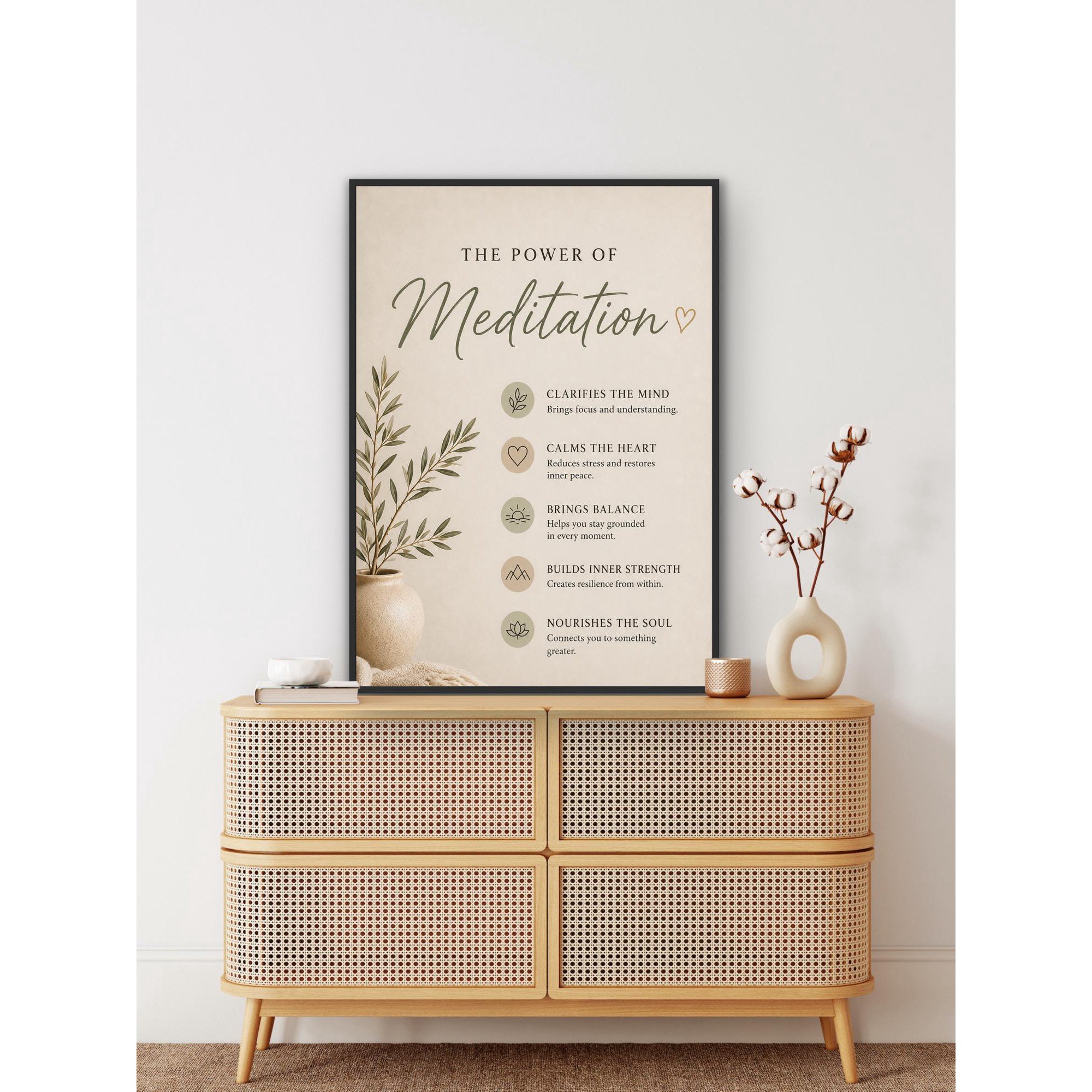 Meditation Mindful Living Neutral Wellness Calm Spiritual Meditation Quote Decorative Wall Art Poster , Poster Print Only