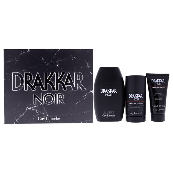 Guy Laroche Drakkar Noir - 3 Pc Gift Set 3.4oz EDT Spray, 2.6oz Deodorant Stick, 1.7oz Shower Gel