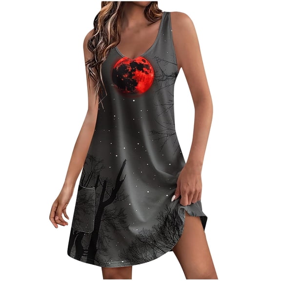 WFJCJPAF 2025 New Halloween Halloween Dresses for Women Long Sleeve,Women's Summer Comfort Fashion Printing Pocket Sleeveless V-Neck Dress - Red XL