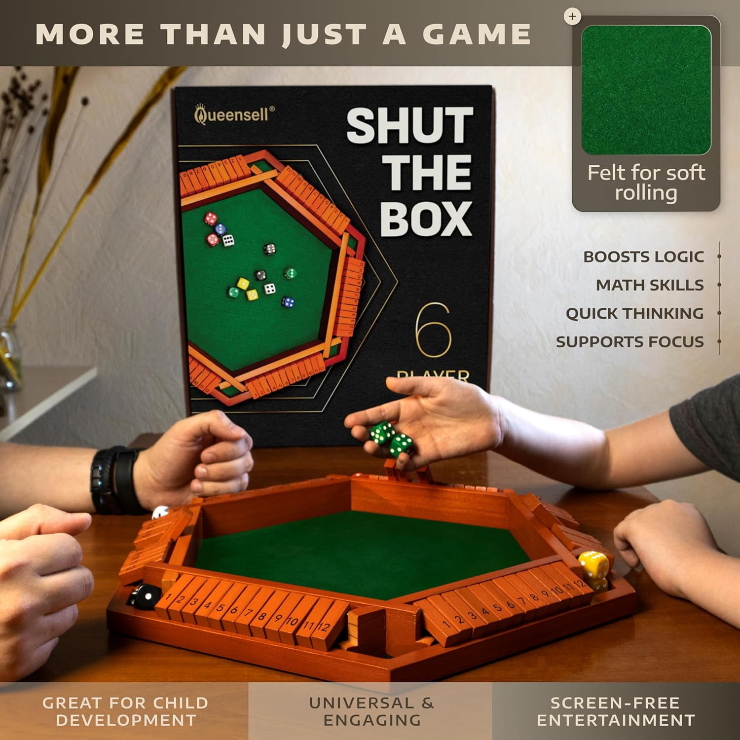 Shut The Box Game Wooden Board for 1-6 Players - 16-inch Shut The Box Game 12 Numbers for Adults & Kids - Ideal for Games Night