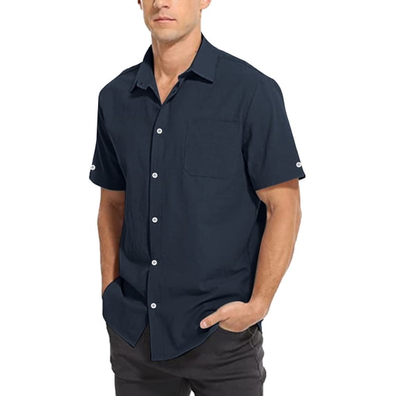 KaLI_store Mens Shirts Mens Button Down Shirts Short Sleeve Casual Summer Beach Cotton Linen T-Shirts Band Collar Slim Fit Shirt with Pocket Navy,M