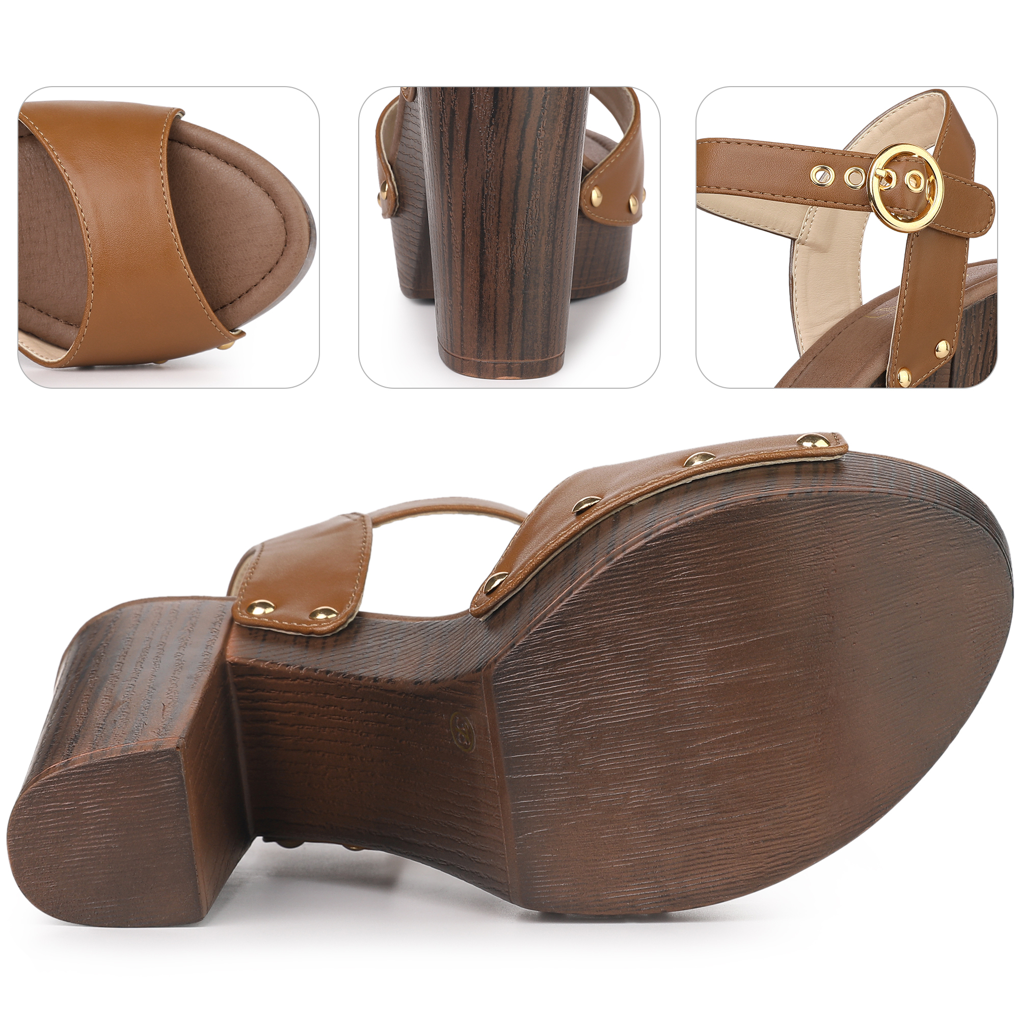 Unique Bargains Platform Buckle Ankle Strap Chunky High Heels Sandals for Women Brown 7