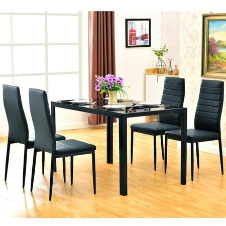 4pcs Elegant Assembled Stripping Texture High Backrest Dining Chairs with Simple Assembled Tempered a Glass & Iron Dinner