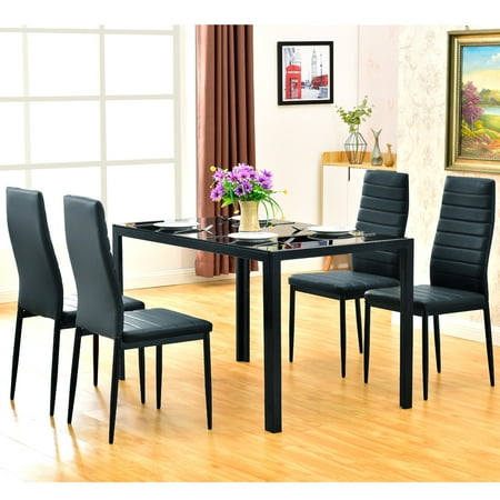 Iron Kitchen Table 4pcs Elegant Assembled Stripping Texture High Backrest Dining Chairs with Simple Assembled Tempered a Glass & Iron Dinner Table ()