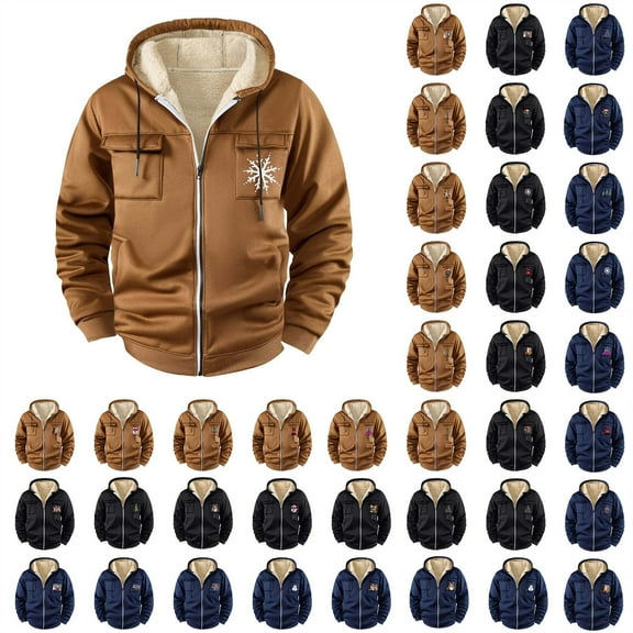 BiZtdJrK Mens Zip Up Hoodies Thermal Sherpa Lined Cargo Work Winter Jackets Fleece Warm Hooded Sweatshirts Coat, Khaki, XXXL