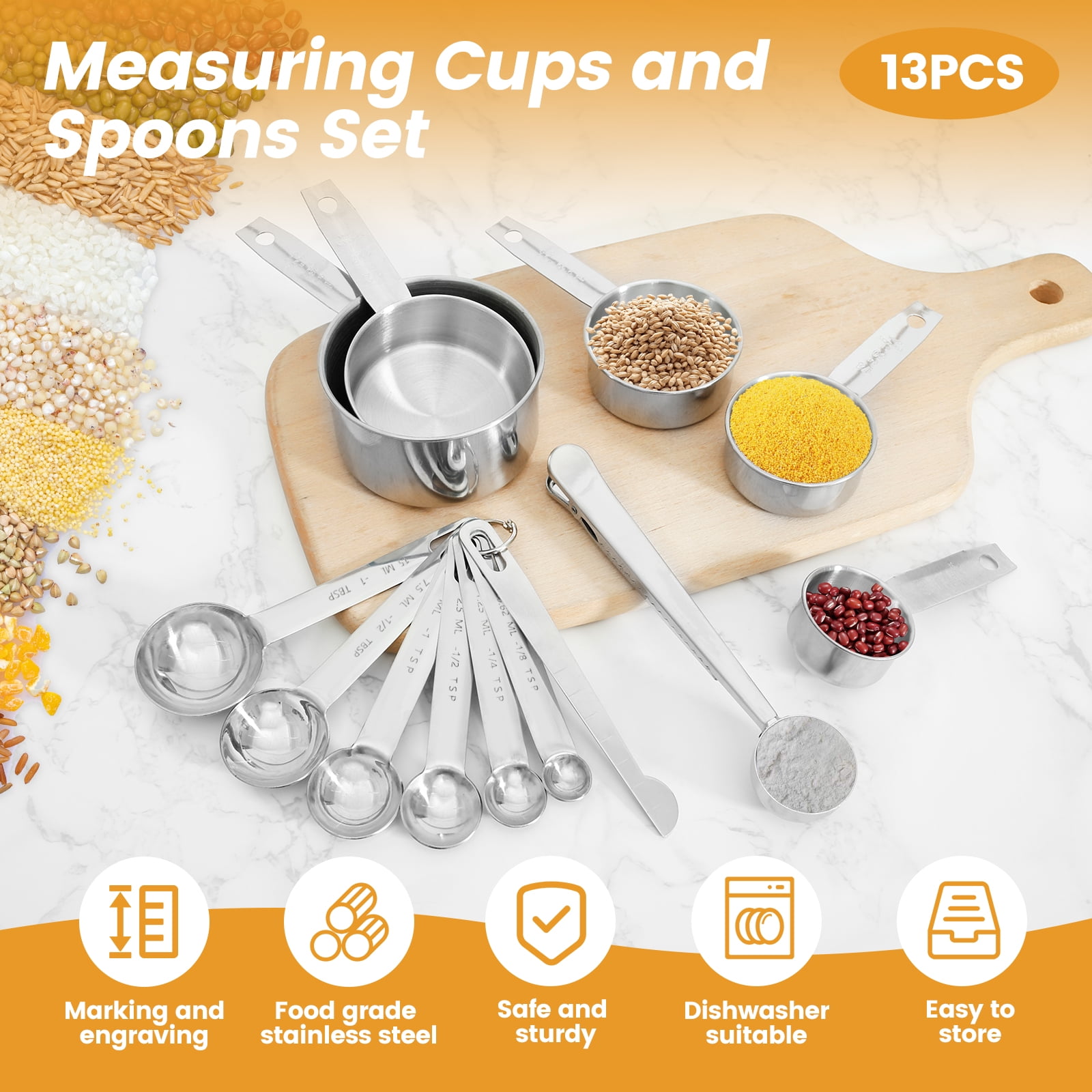 FUYGRCJ 13PCS Stainless Steel Measuring Cups and Spoons, Stackable Metal Measuring Cups and Spoons, Coffee Scoop Spoon, Kitchen Utensils Gadgets for Cooking & Baking