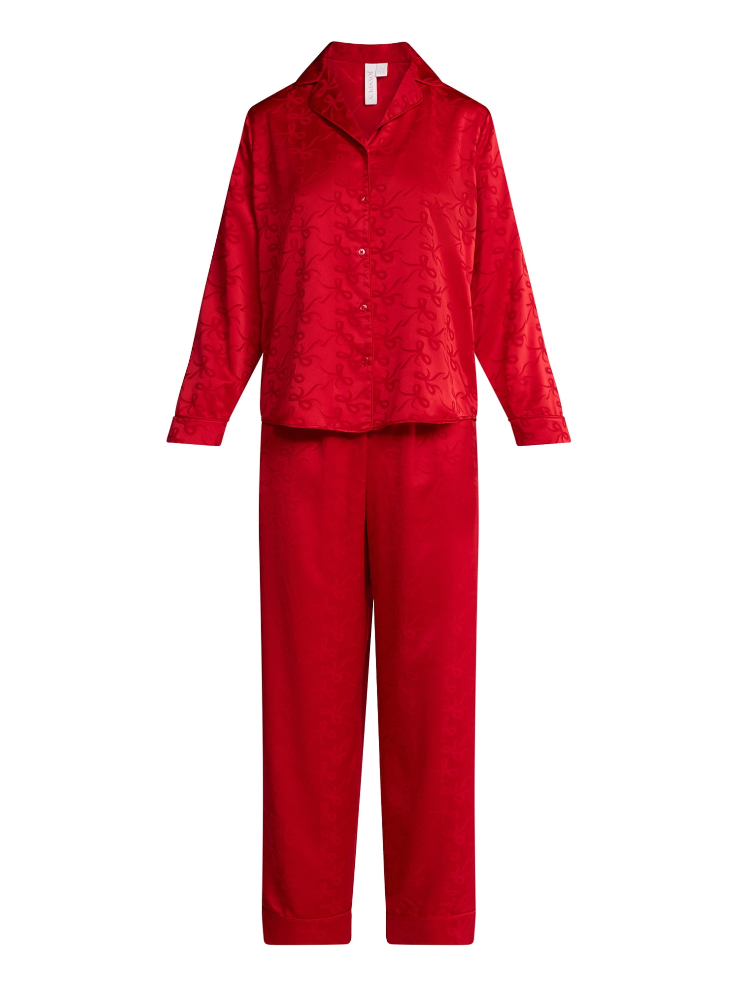 Joyspun Women’s Stretch Satin Notch Long Sleeve Top and Pants Pajama Set, 2-Piece, Sizes XS-3X