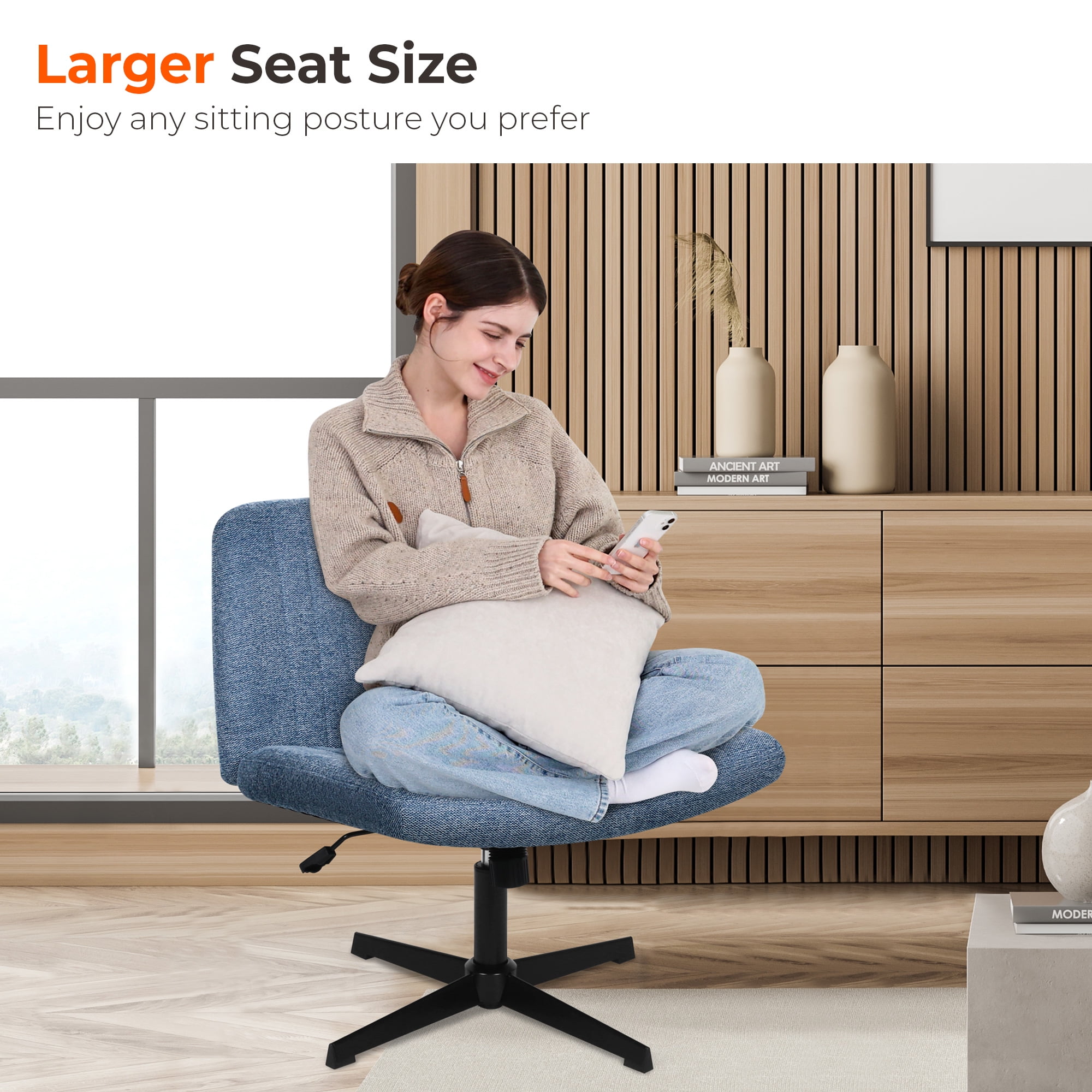 NEO CHAIR Criss Cross Chair No Wheels Armless&nbsp;Comfy Desk Chair Wide Vanity Makeup&nbsp;Cross Legged Office Adjustable Computer Task for Home Office Fabric (Blue)