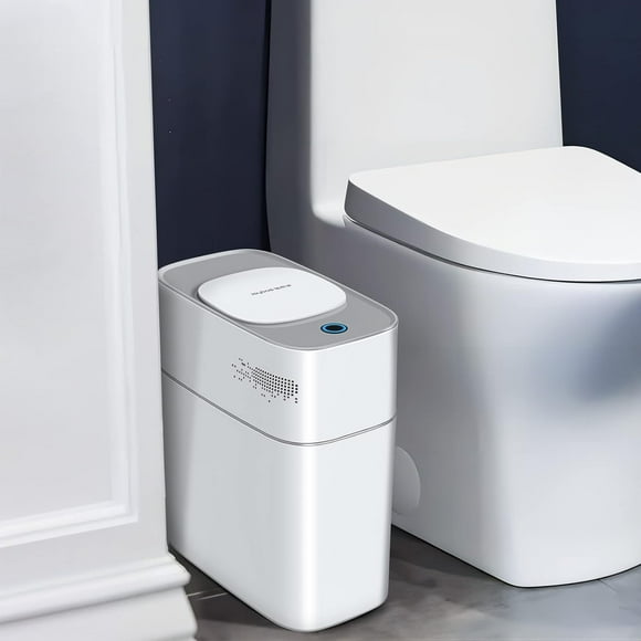 SHILIU-Bathroom Trash Can with Lid, Automatic Bagging Garbage Can, 3.8 Gallon Slim Smart Trash Can, Small Plastic Trash Bin, Narrow Motion Sensor Trash Can for Bedroom, Bathroom, Rv, Office White