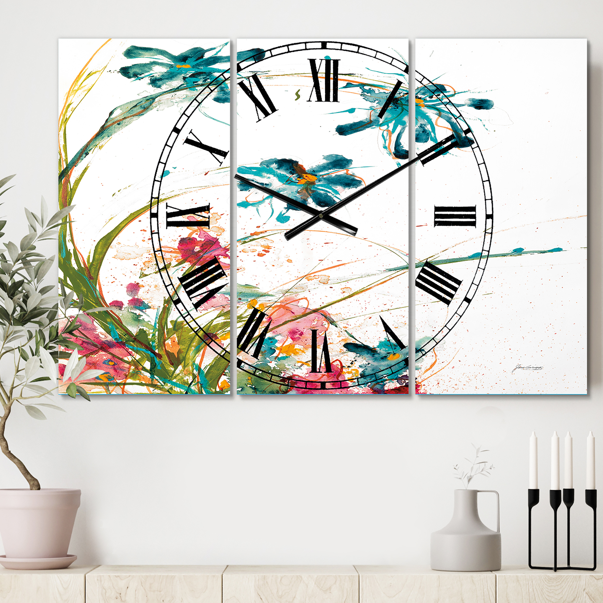 Designart 'Blue Abstract Blossoming Farmhouse Flowers' Traditional Wall Clock