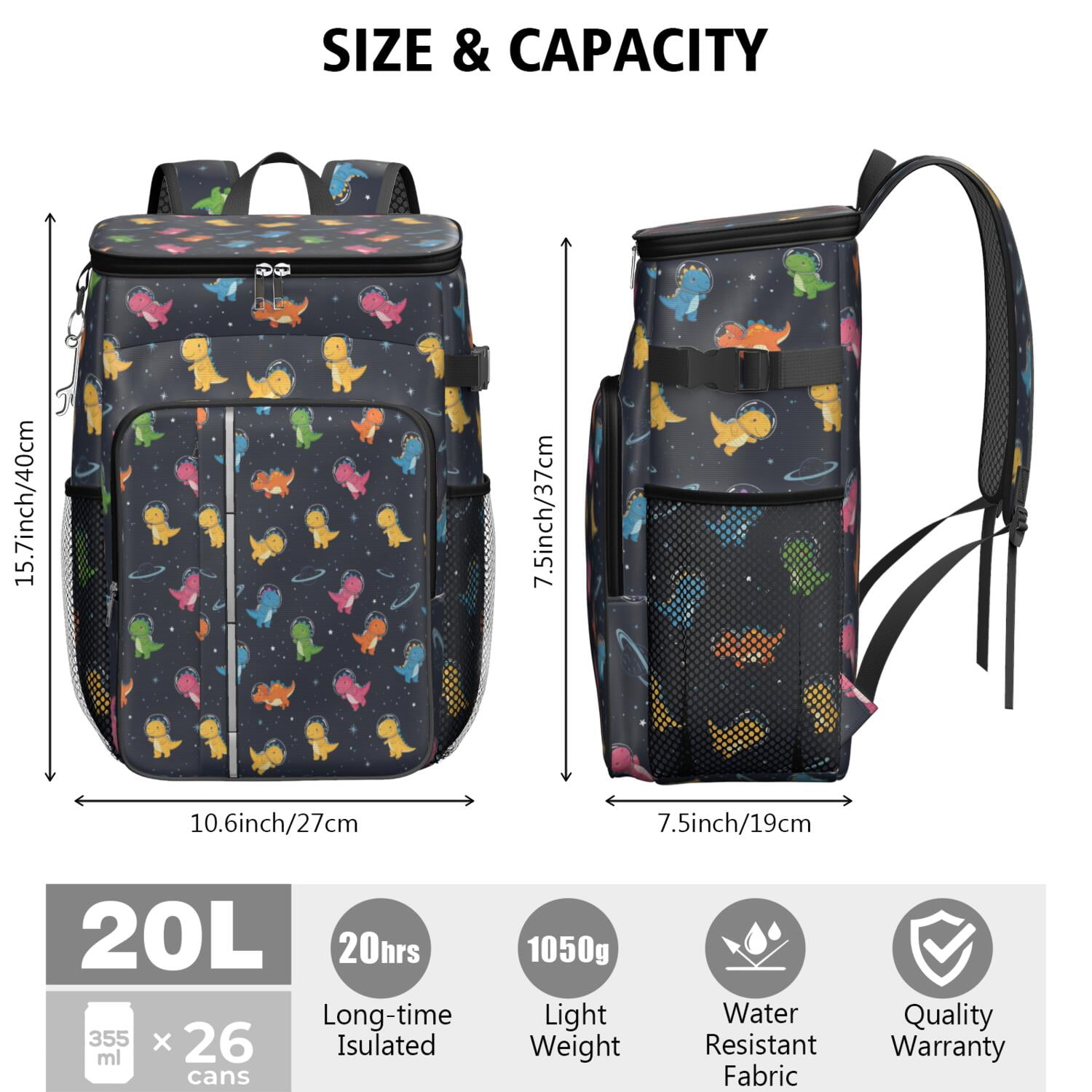 Travel Cooler Bag - Space Dinosaur Pattern Camping Beer Cooler Backpack with Bottle Opener- Waterproof Insulated Picnic Backpacks - Cooler Bag for Beach