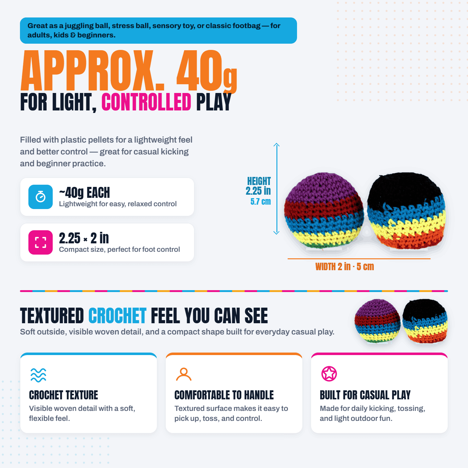 Crochet Footbag 2-Pack – 2.25 x 2 in, 40g Kick Sack Balls for Adults & Kids, Juggling & Stress Relief Toy