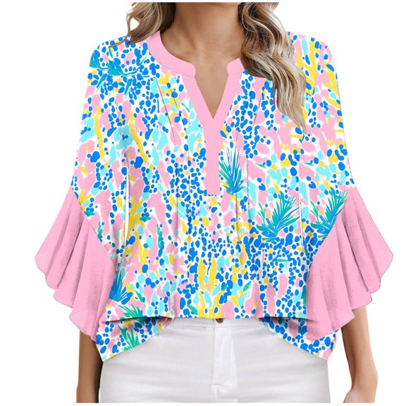 Zwiiyzr Women's T-Shirt V Neck Ruffle 3/4 Sleeve Solid Color Printed Floral Blouse I-Light Blue (L)