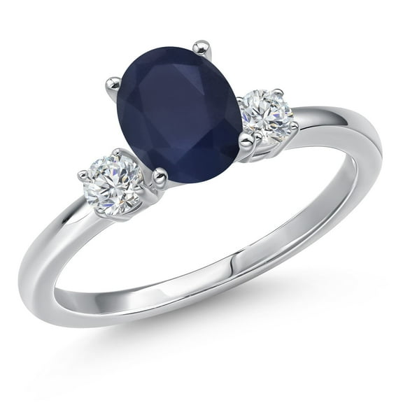 Gem Stone King 14K White Gold Blue Sapphire and White Lab Grown Diamond 3-Stone Engagement Ring for Women | 2.00 Cttw | Oval 8X6MM | Gemstone September Birthstone (Size 9)