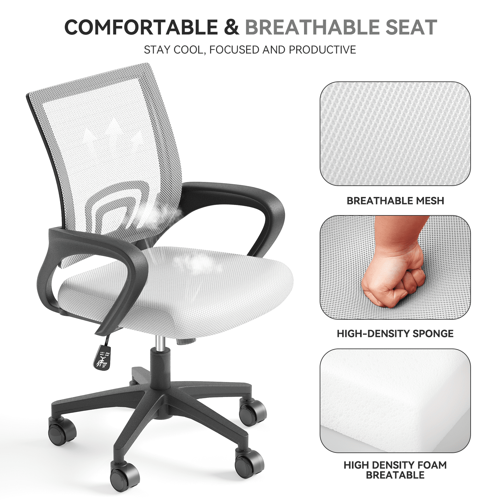 OSM 2-Pack Ergonomic Mesh Office Chairs, Mid-Back Desk Chair with Lumbar Support, Swivel Computer Task Chair for Home Office, Gaming & Study, 300 lbs Capacity, White