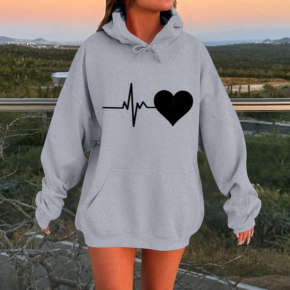 Tawop Sweatshirt Women Tops Sweatshirts for Women Long Sleeve Hoodies Pockets Tunic Graphic Heart Gray L
