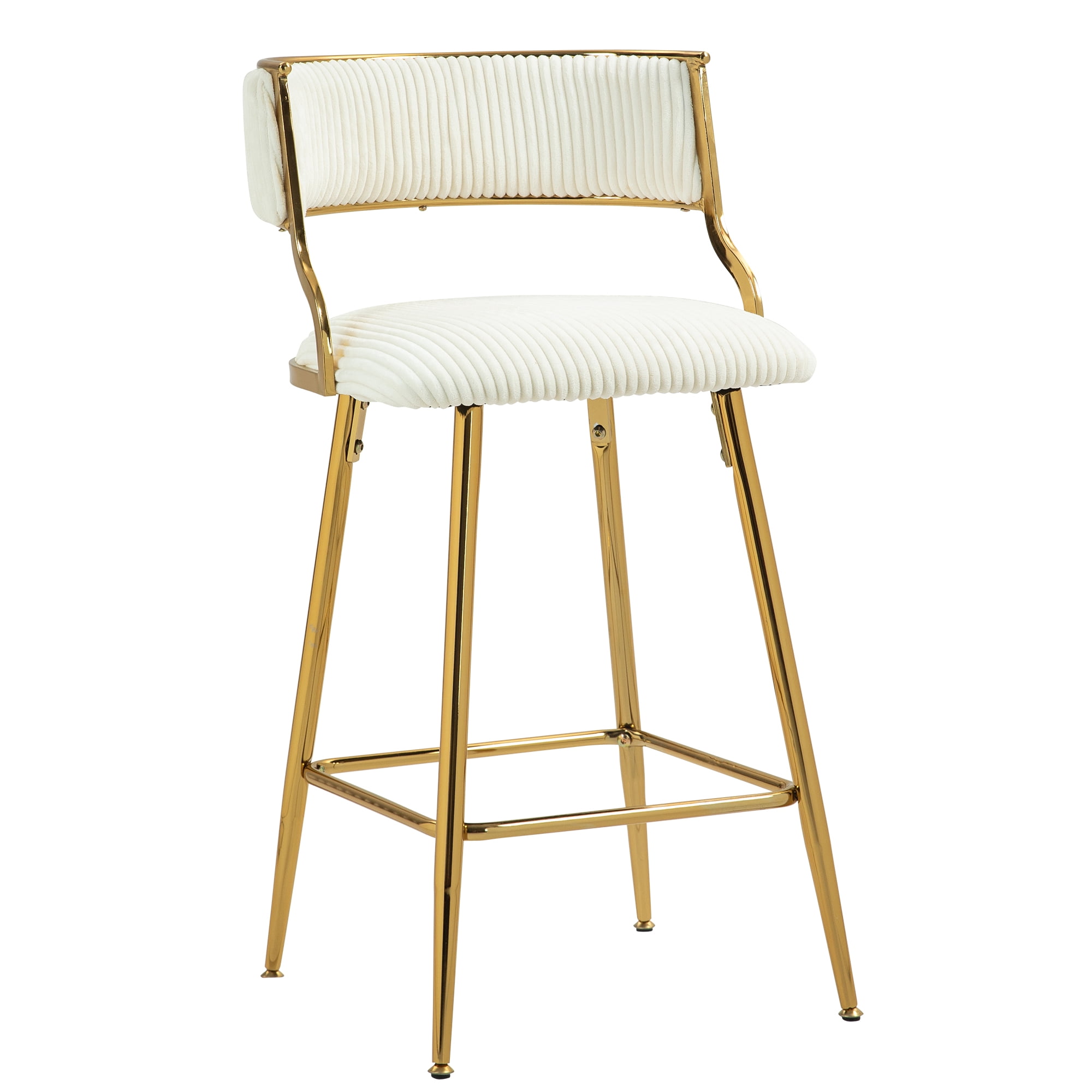 Peispie 25" Counter Height Bar Stools Set of 2, Modern Corduroy Barstools with Low Back and Gold Metal Legs, Padded Kitchen Island Chairs with Footrest for Home Bar, Beige