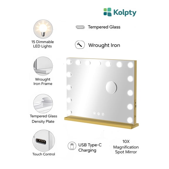 Kolpty Desk Makeup Mirror with Lights Touch Control and 10X Magnifier