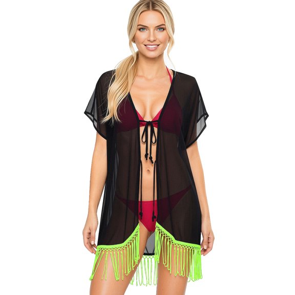 HAPPY BAY Women's Chiffon Summer Beach Open Front Maternity Beachwear Duster Kimono Cardigan XL-XXL Lime Fringes_AB744