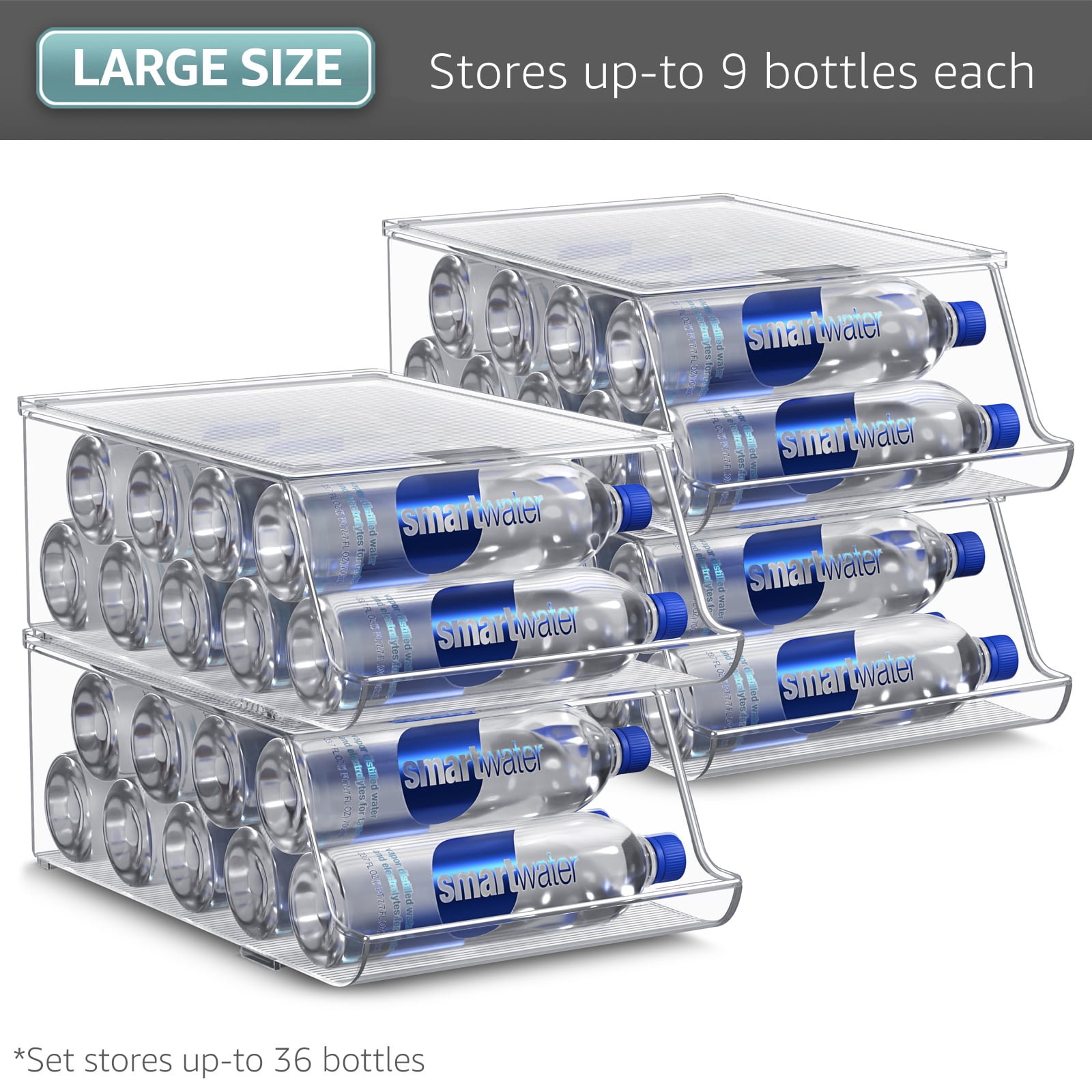 Sorbus Fridge Bottle Organizer with Lid, Holds 9 Bottles, Stackable Clear Plastic (4 Pack)