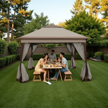 11x11ft Hexagon Pop-Up Gazebo with Removable Mesh Walls & Double Roof Ventilation, Heavy-Duty All-Weather Canopy Tent for Patio, Backyard, Camping - Espresso Brown
