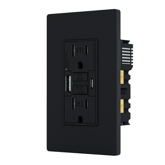 15AMP GFCI Outlet with 4.8A/24W Type A & Type C USB Charging Ports, Self-Test, Tamper Resistant, GFCI Receptacle Outlet, Screwless Wall Plate Include, ETL Listed, Black
