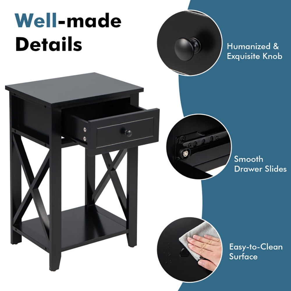 Finihen End Table, Storage End Bedside Drawer Nightstand w/ Bottom Shelf, Sofa Side Table, Bed Side Table, for Living Room, Bedroom, Black Finihen End Table, Storage End Bedside Drawer Nightstand w/ Bottom Shelf, Sofa Side Table, Bed Side Table, for Living Room, Bedroom, Black