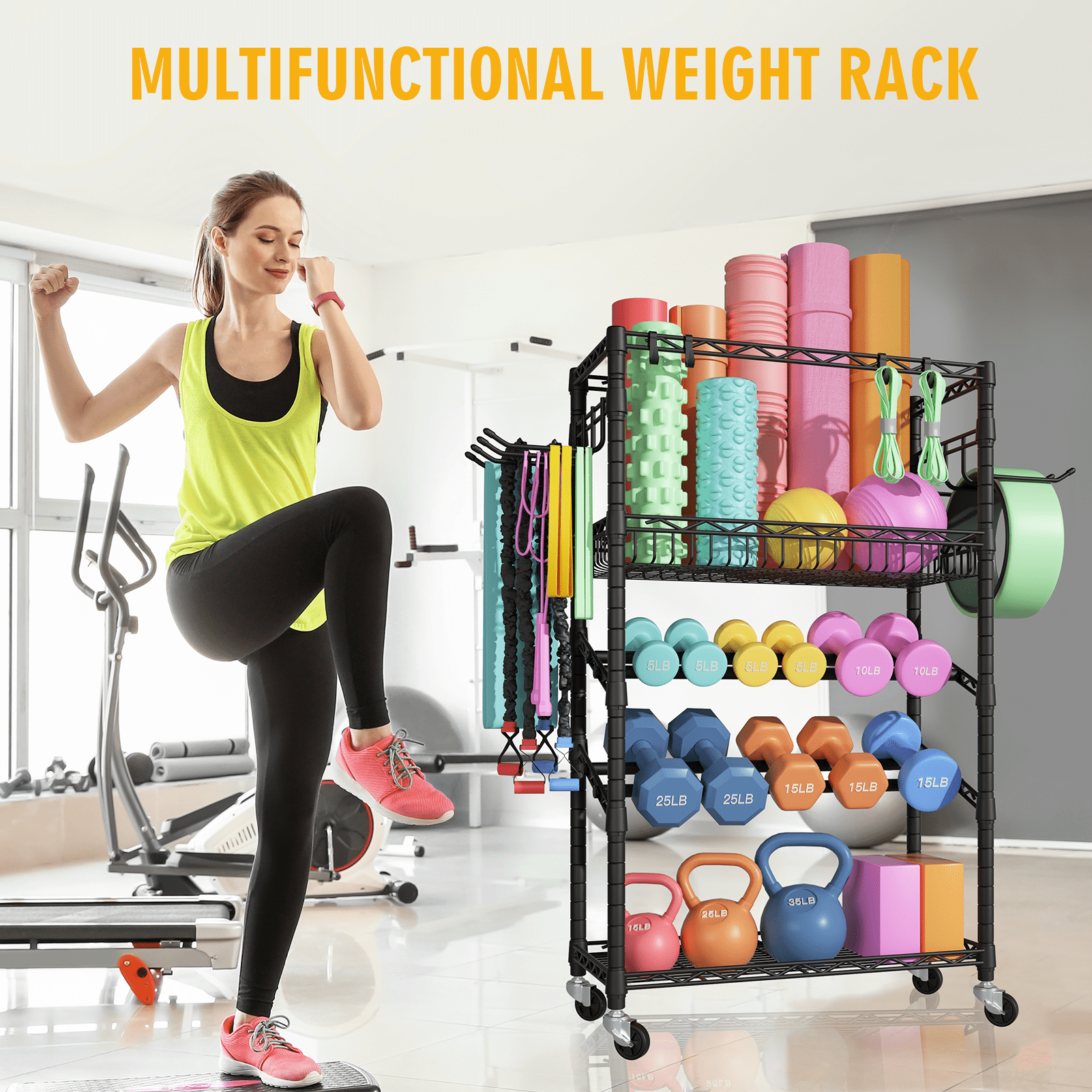 FUTASSI Dumbbell Rack, 4 Tier Steel Multi-Purpose Home Gym Storage 11.8" W x 23.6" D x 48.6" H, for Dumbbells, Kettlebells, Barbell and Yoga Mat, Black