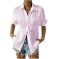 thumbnail image 2 of Short Sleeve Tops for Women Shirts for Women Summer Casual Cotton Linen Short Sleeve T Shirt Loose Fit Button Down Lapel Solid Color Tees, 2 of 6