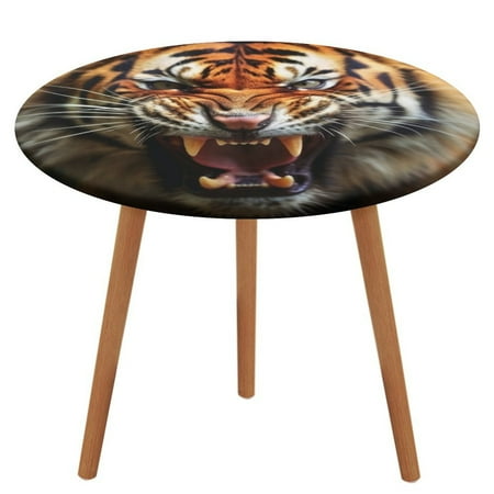 

Bybiment Round Fitted Tablecloth with Elastic Edge Close Portrait Angry Tiger Decorative Tablecloth Table Cover 39 Inch