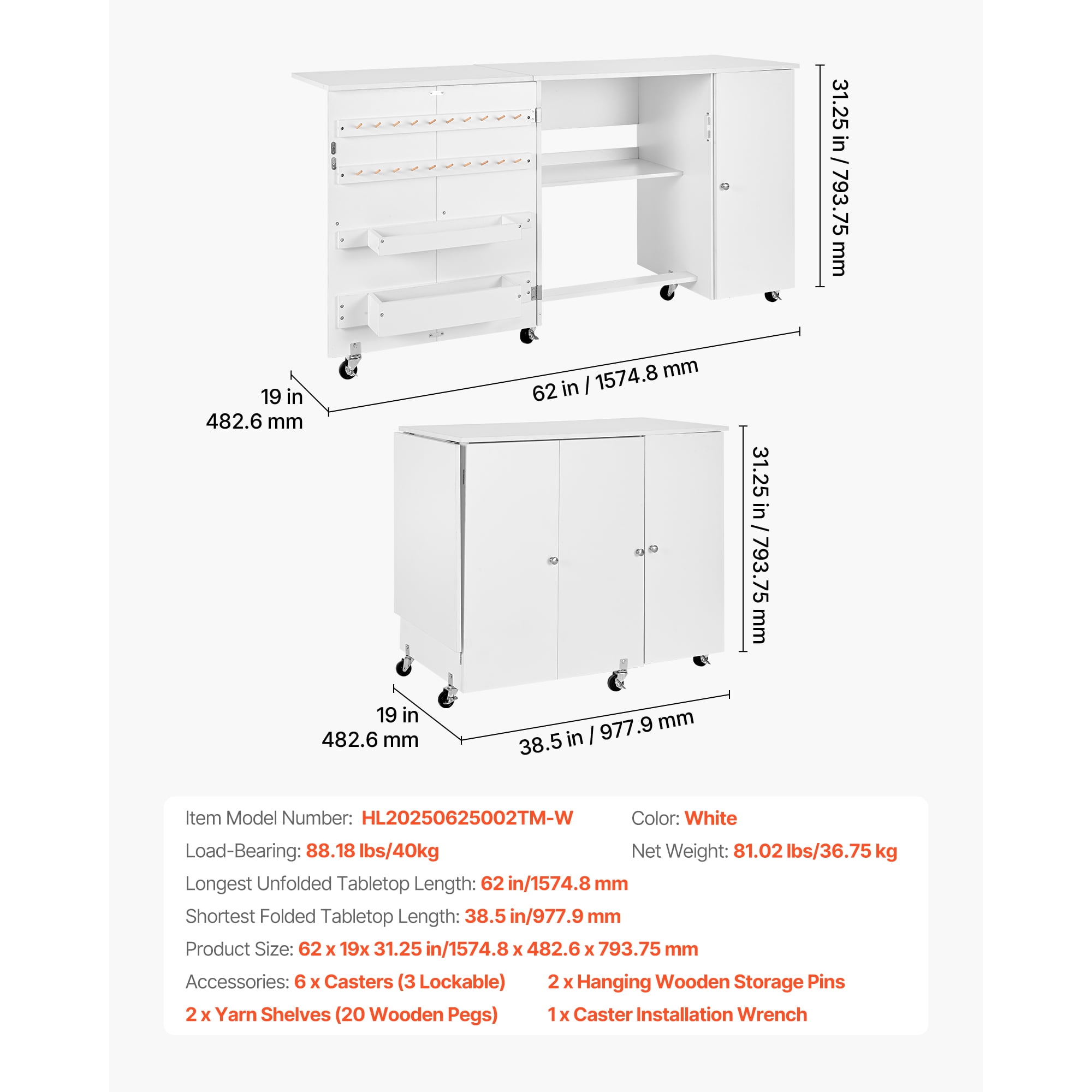 KFFKFF Folding Sewing Table with Cabinet, Versatile Sewing Machine Table Featuring Compact Design, Wheels, Wooden Pegs, Storage Compartments, Magnetic Door, Craft Workspace