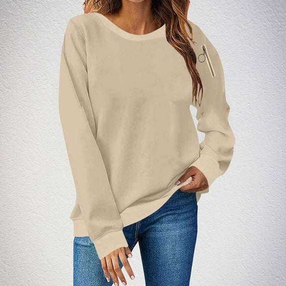 Tops for Women Plus Size Long Sleeved Round-neck Solid Color Loose Casual Sweatshirts Khaki