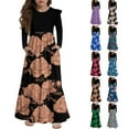 thumbnail image 2 of Abcomgle Girls Maxi Dresses Casual Patchwork Ruffle Long Sleeve Maxi Dress Vintage Floral Print Crew Neck Sundresses Loose Tiered Dresses with Pockets,4-5 Years Navy, 2 of 3